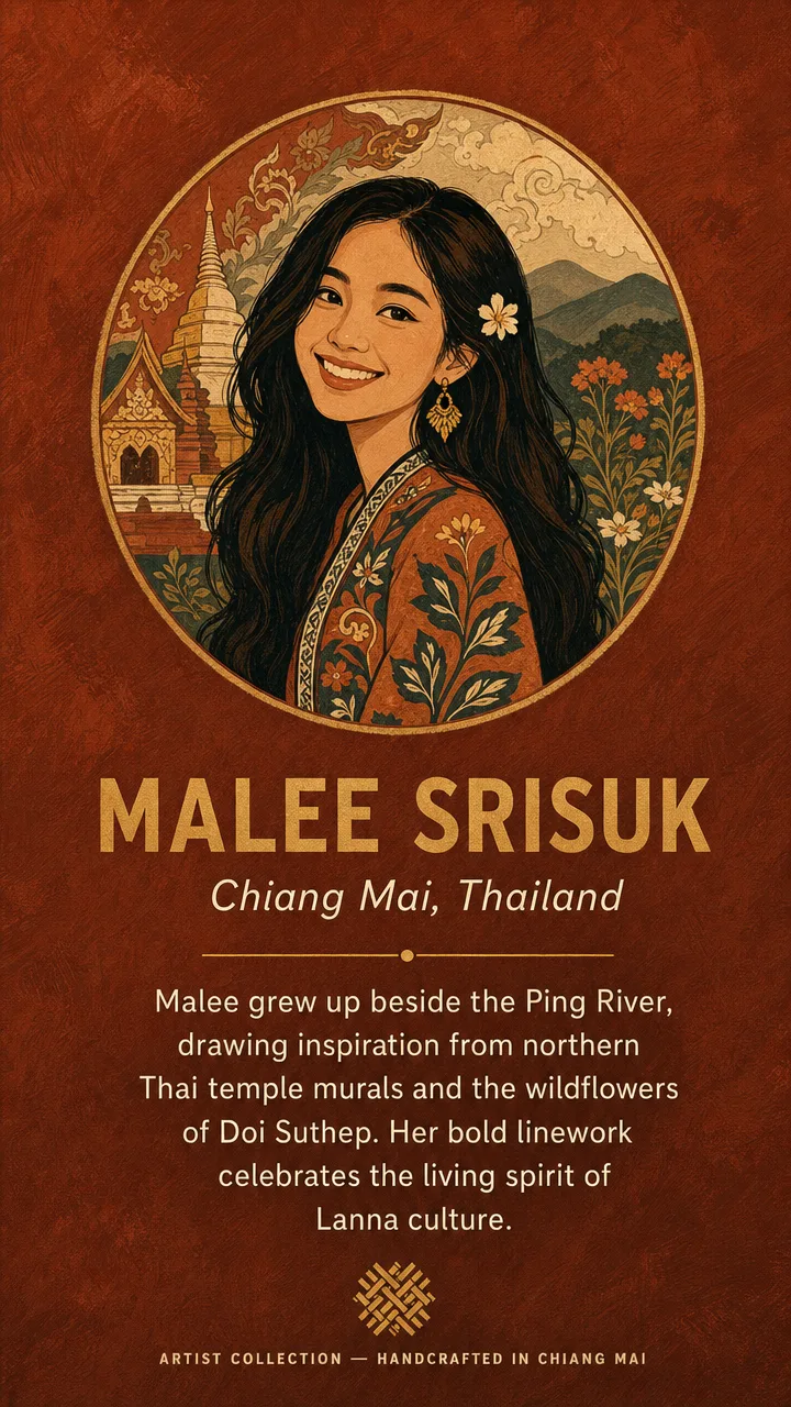 Artist profile — Malee Srisuk, Chiang Mai. Bold linework inspired by Lanna temple murals and Doi Suthep wildflowers.